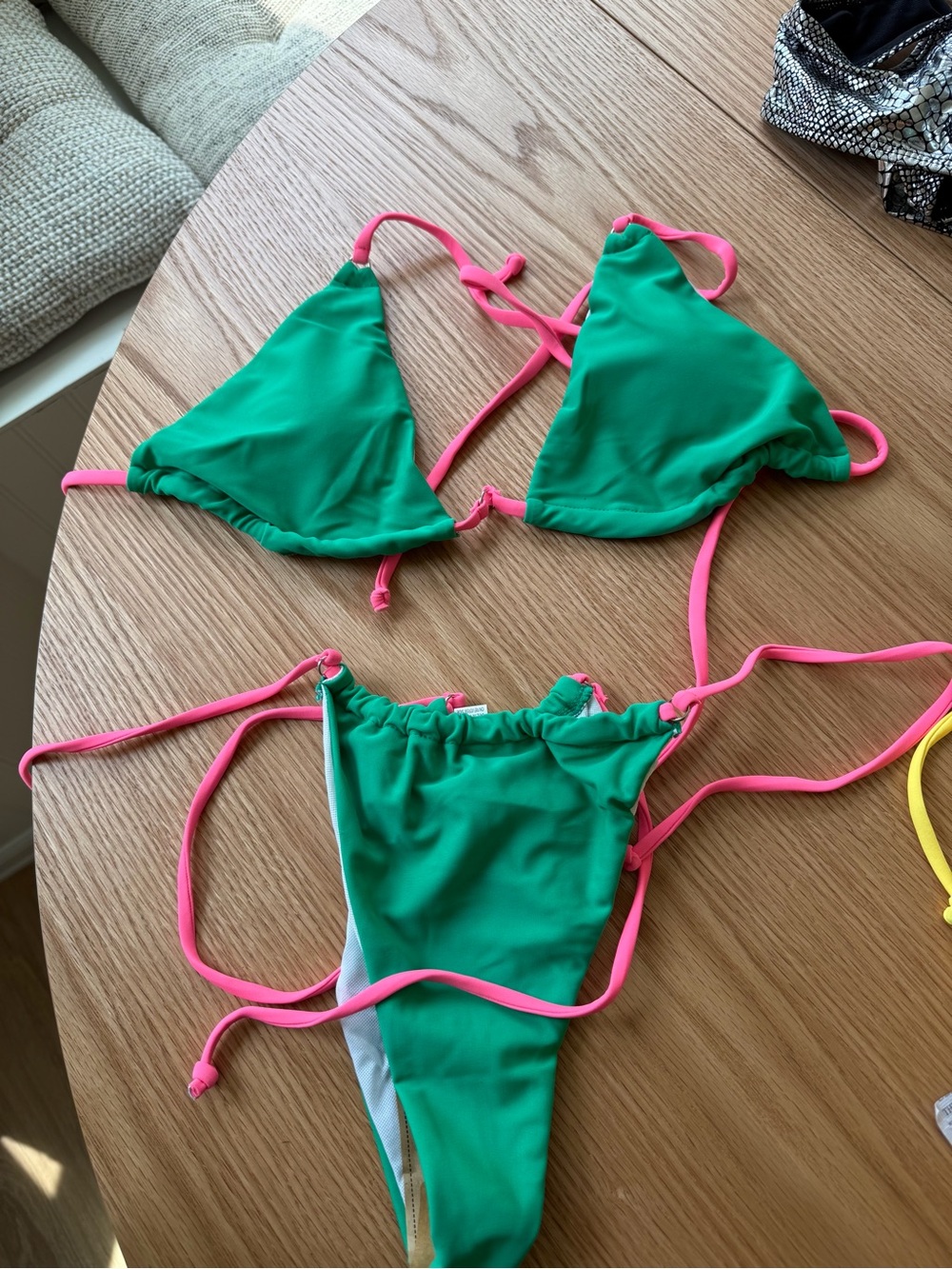 Green Triangle Bikini Set with Hot Pink Trim